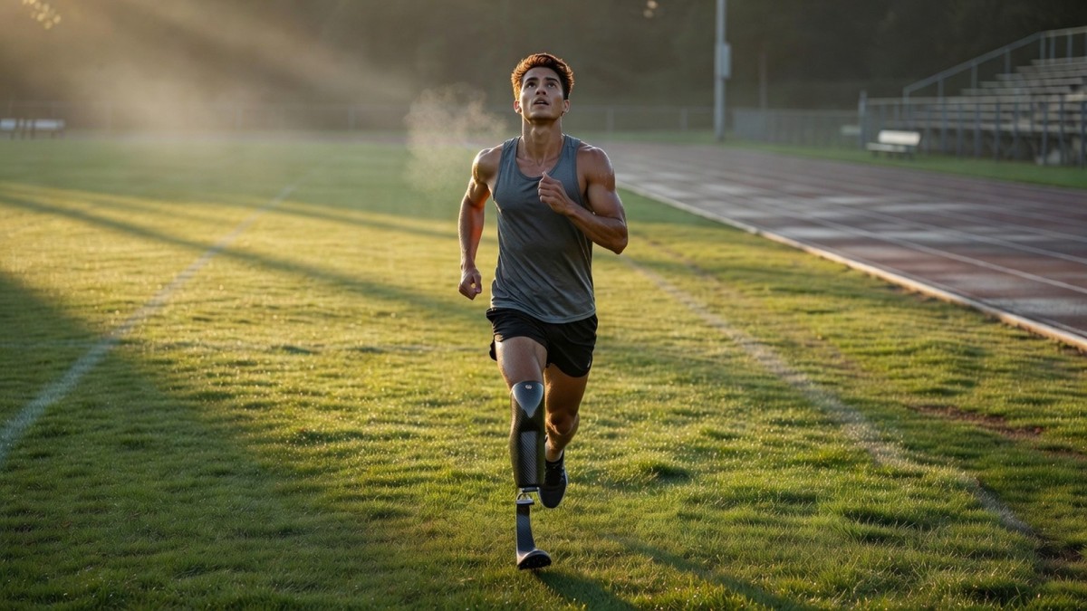 A young athlete training on a grass pitch with a running blade prosthetic