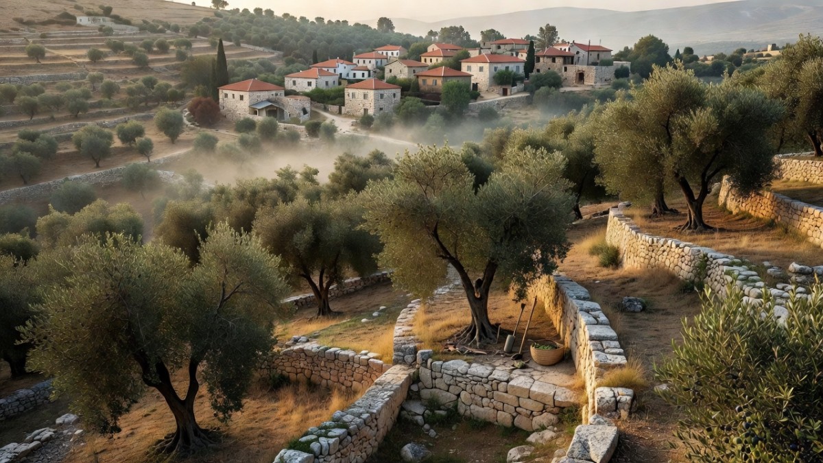 Olive groves and Palestinian farmland in the West Bank countryside