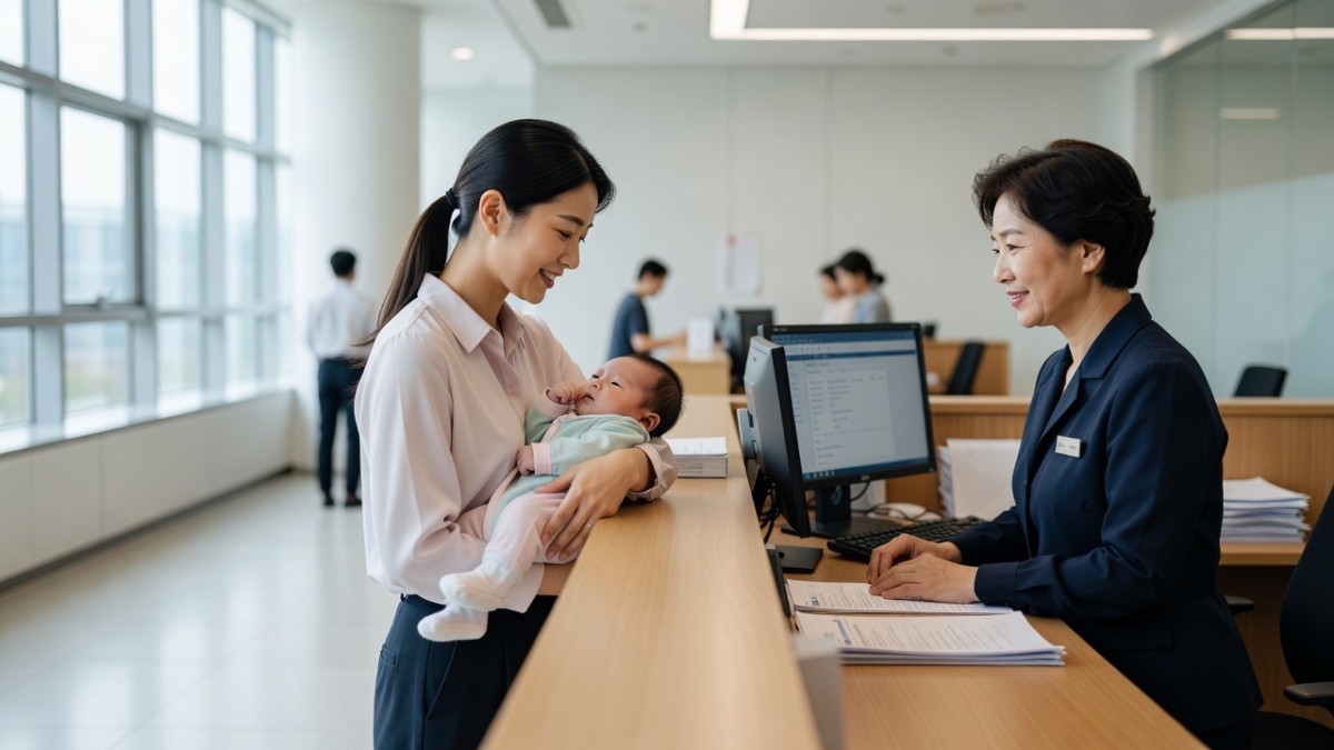 A mother and child at a family registration counter in Seoul, where foreign-born children previously could not be registered under Korean law