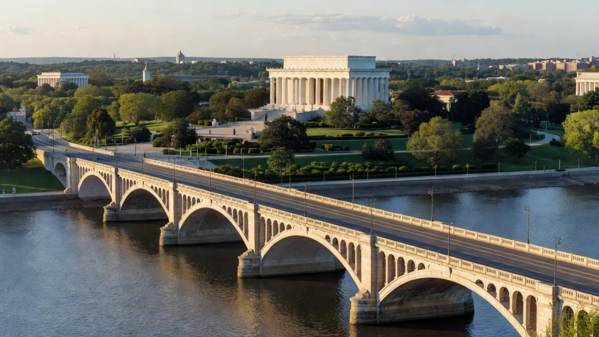 The Lincoln Memorial and Arlington Memorial Bridge along the Potomac River in Washington, DC