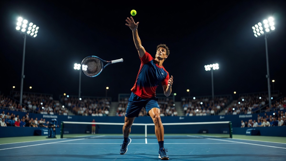 A men's singles player preparing to serve under the floodlights at the US Open