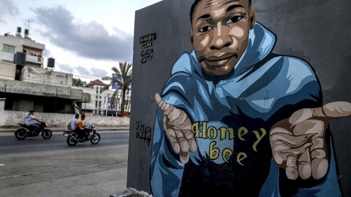 A street mural of Khaby Lame in Gaza City, showing his global reach