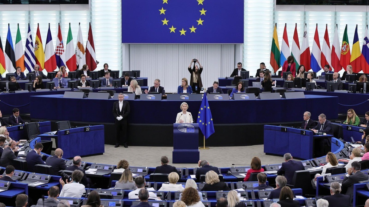 European Commission President Ursula von der Leyen speaks during the State of the Union debate at the European Parliament in Strasbourg, France. Photo: Ronald Wittek/EPA