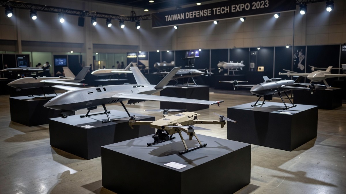 Taiwan-made military drones displayed at a defense technology exhibition in Taipei