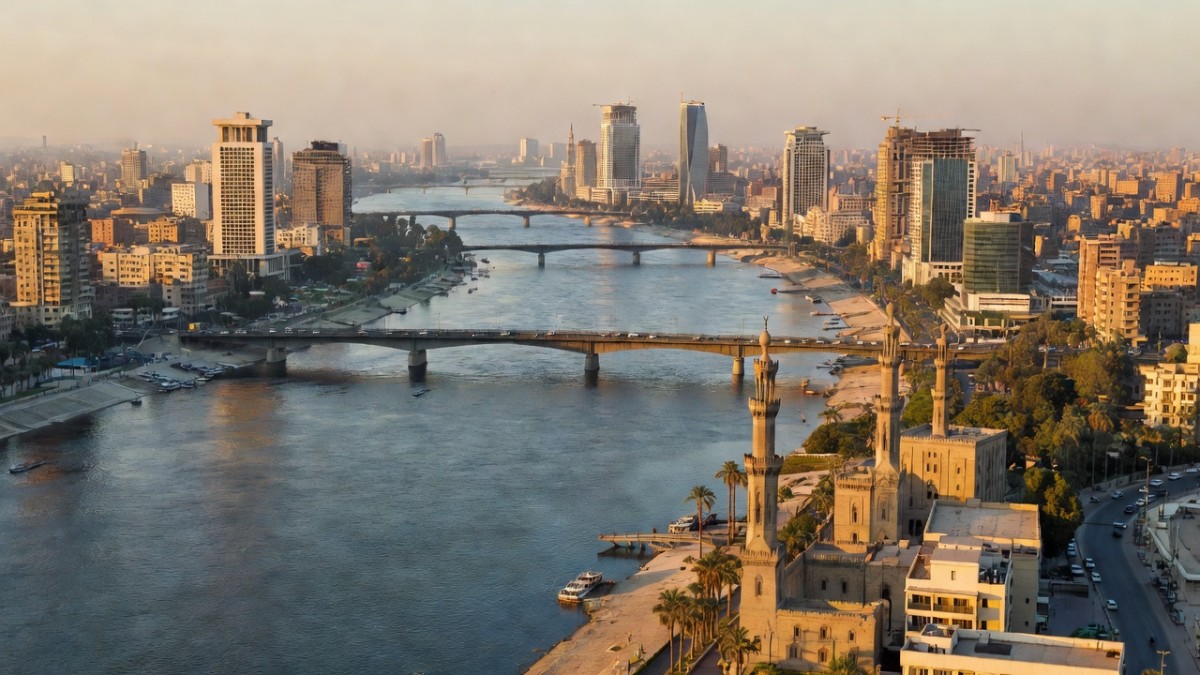 Aerial view of the Nile River through Cairo at golden hour