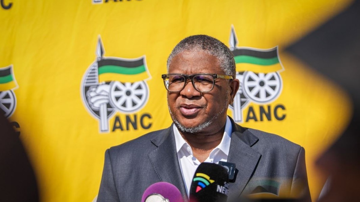 A speaker at a podium in front of African National Congress branding and press microphones. Photo: SABC News