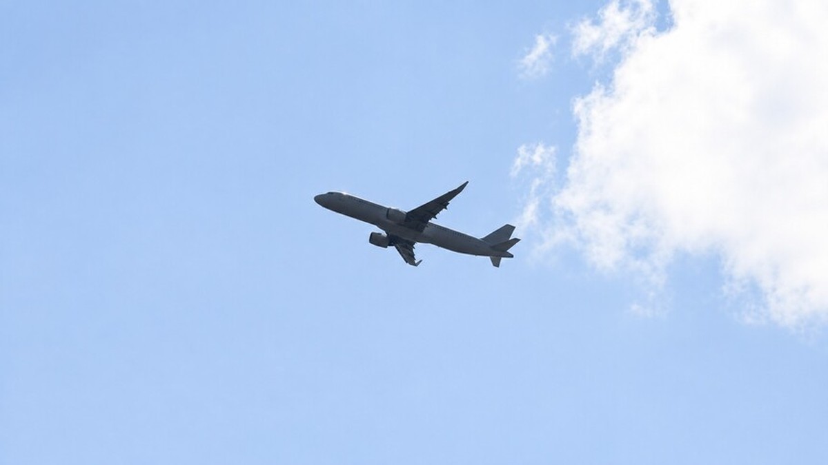 A twin-engine commercial airliner in flight, seen from below and behind. Photo: Anadolu Agency