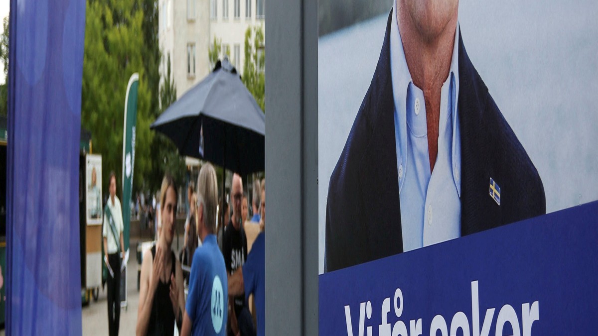 A campaign poster of Swedish Prime Minister Ulf Kristersson on the Moderate Party's election stand in Malmo, Sweden, on 26 August 2026. Photo: Reuters