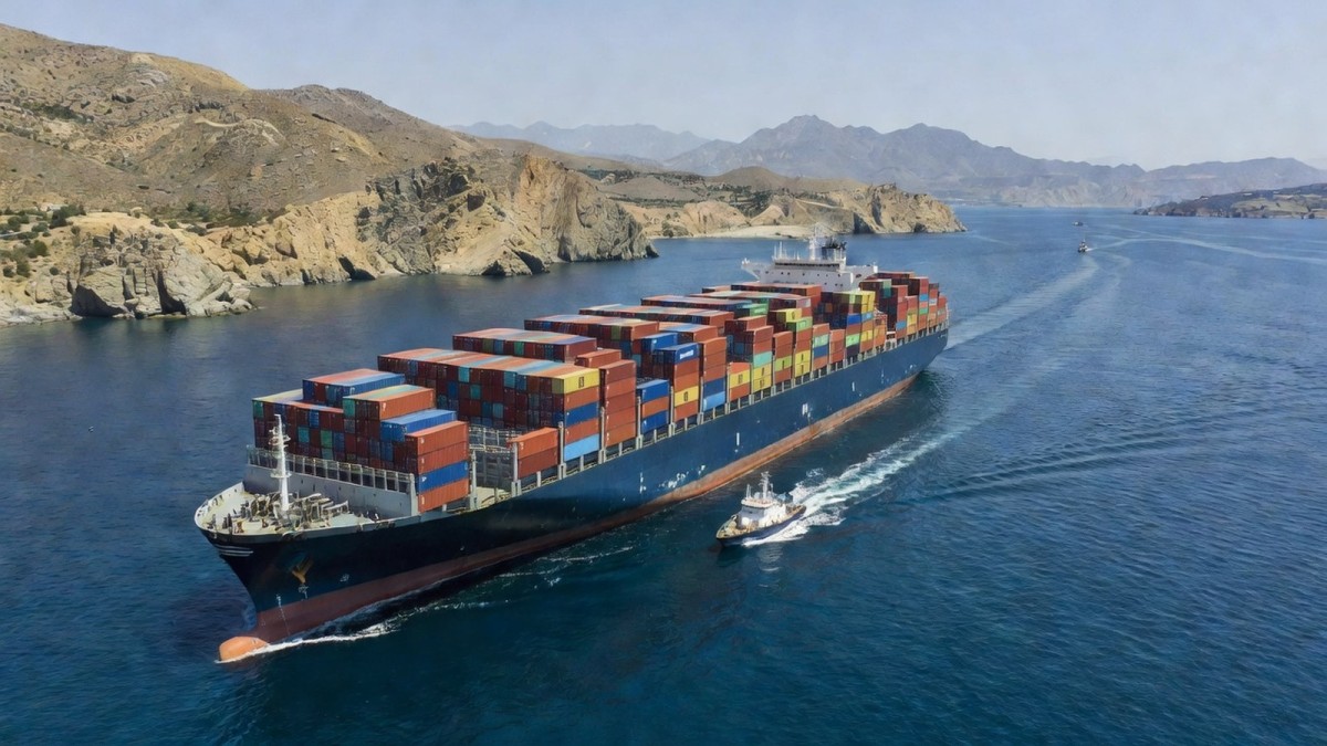 A container ship transits a narrow Red Sea strait as the multinational maritime coalition expands patrols