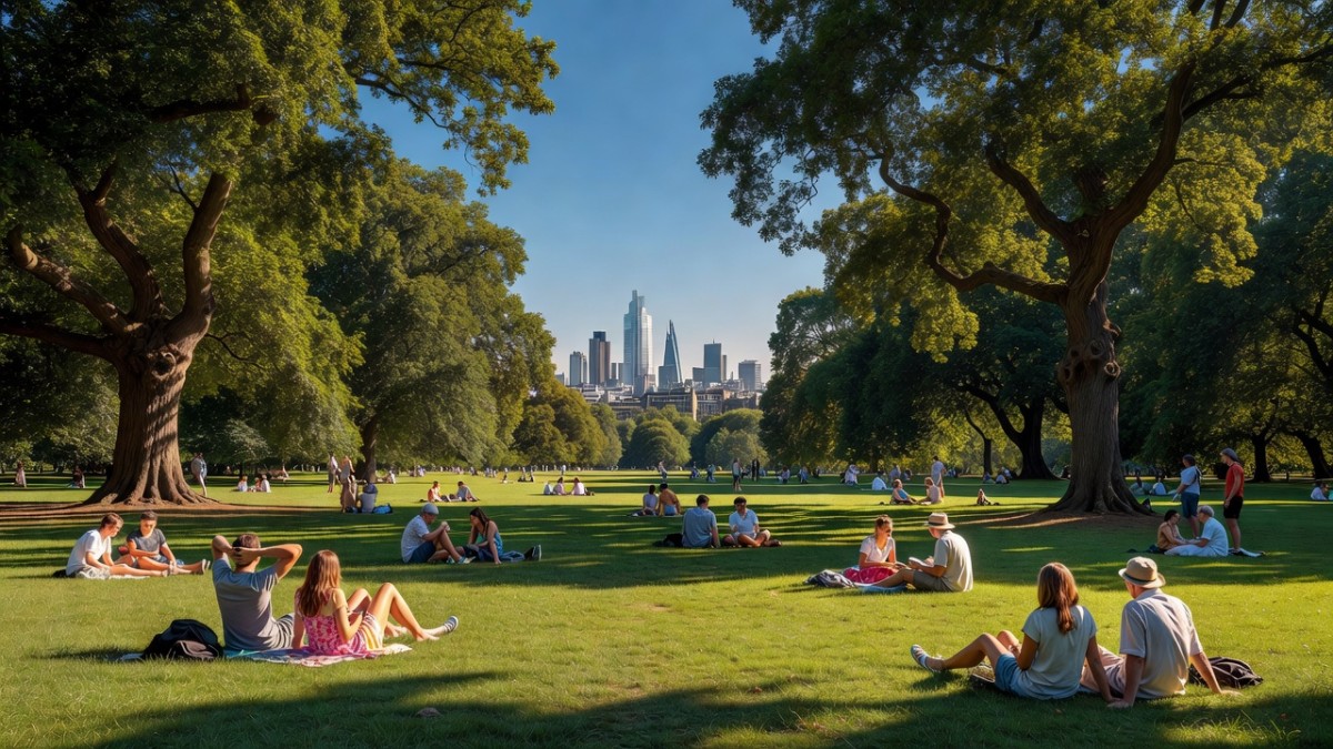 People relax on the grass in a London park during the record-breaking summer heat of 2026
