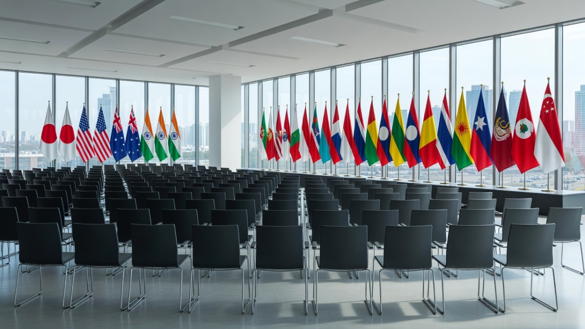 National flags of the Quad countries and ASEAN nations at a diplomatic summit venue