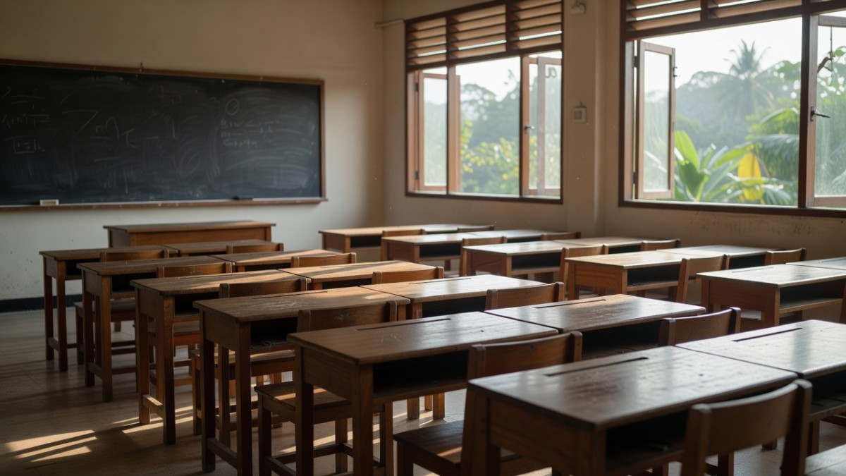 A quiet high school classroom in the Philippines with rows of desks, a reminder of the school communities recovering after the Zamboanga and Tacloban shootings
