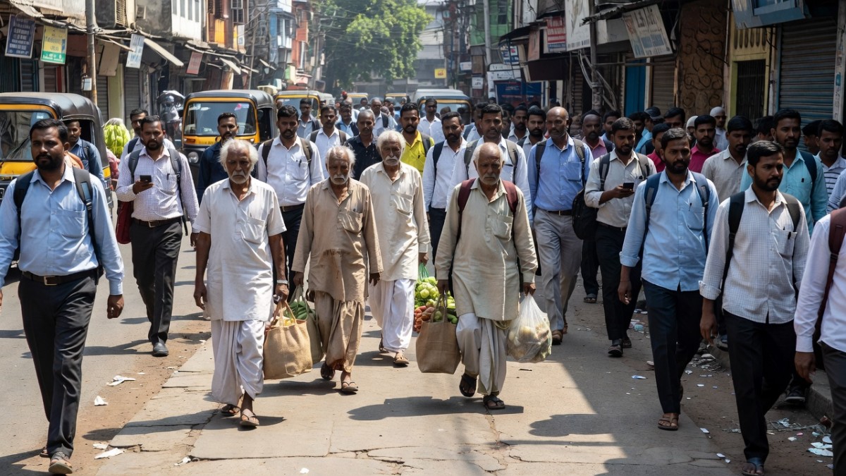 Senior citizens walking among commuters on an Indian city street