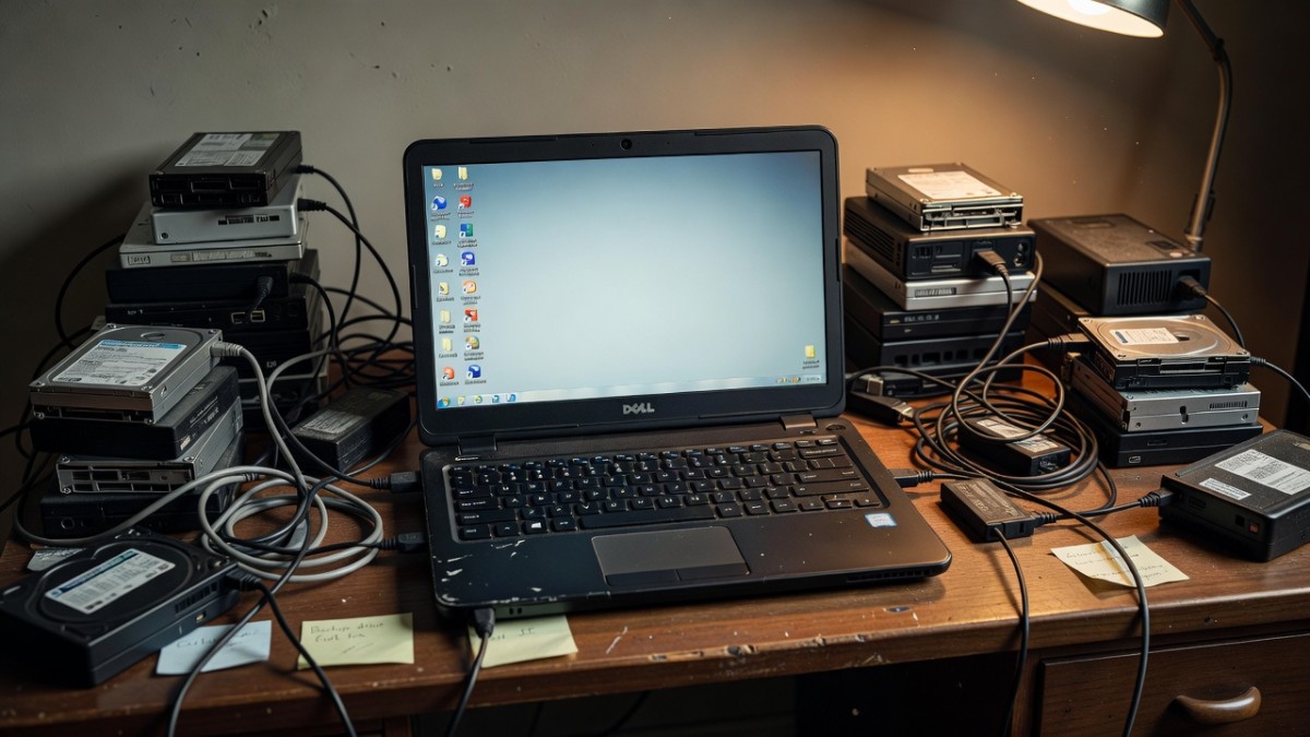 An older laptop running a local language model, the GPT4All era of 2023
