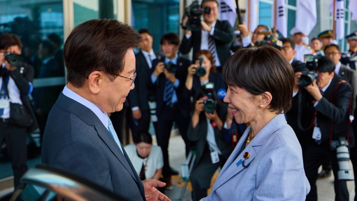 South Korean President Lee Jae-myung and Japanese Prime Minister Sanae Takaichi shake hands ahead of their summit in Andong, North Gyeongsang Province, on May 19, 2026