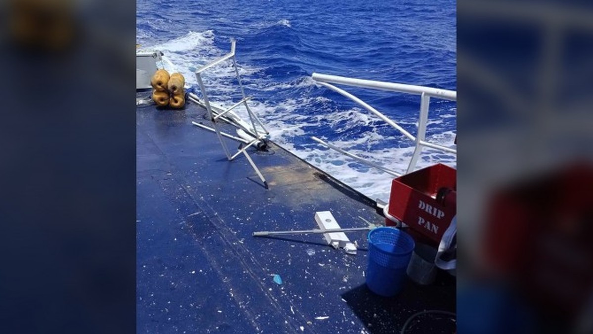 Damage aboard the Bureau of Fisheries and Aquatic Resources vessel BRP Datu Magat Salamat after a China Coast Guard vessel rammed it off Palawan on 18 September 2026. Photo: Philippine Coast Guard via the Philippine News Agency