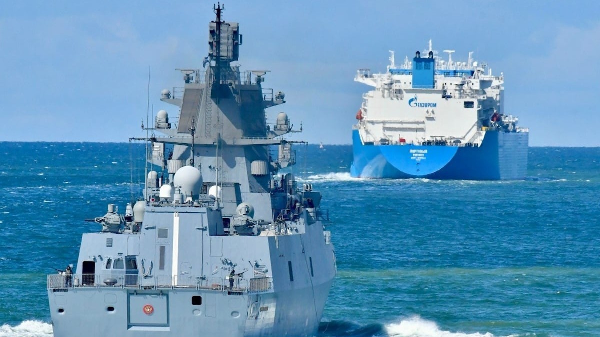 The Russian Northern Fleet's guided-missile frigate Admiral Kasatonov in the Baltic Sea, in a file photograph dated 17 August 2026. Denmark has not named the frigate involved in the Gedser incident. Photo: Russian Navy handout via Anadolu and Getty Images