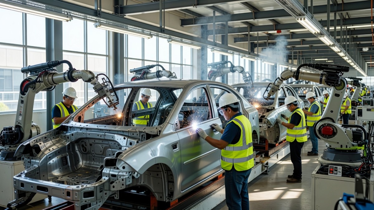 Workers and robotic arms on an automobile assembly line in a modern Mexican plant