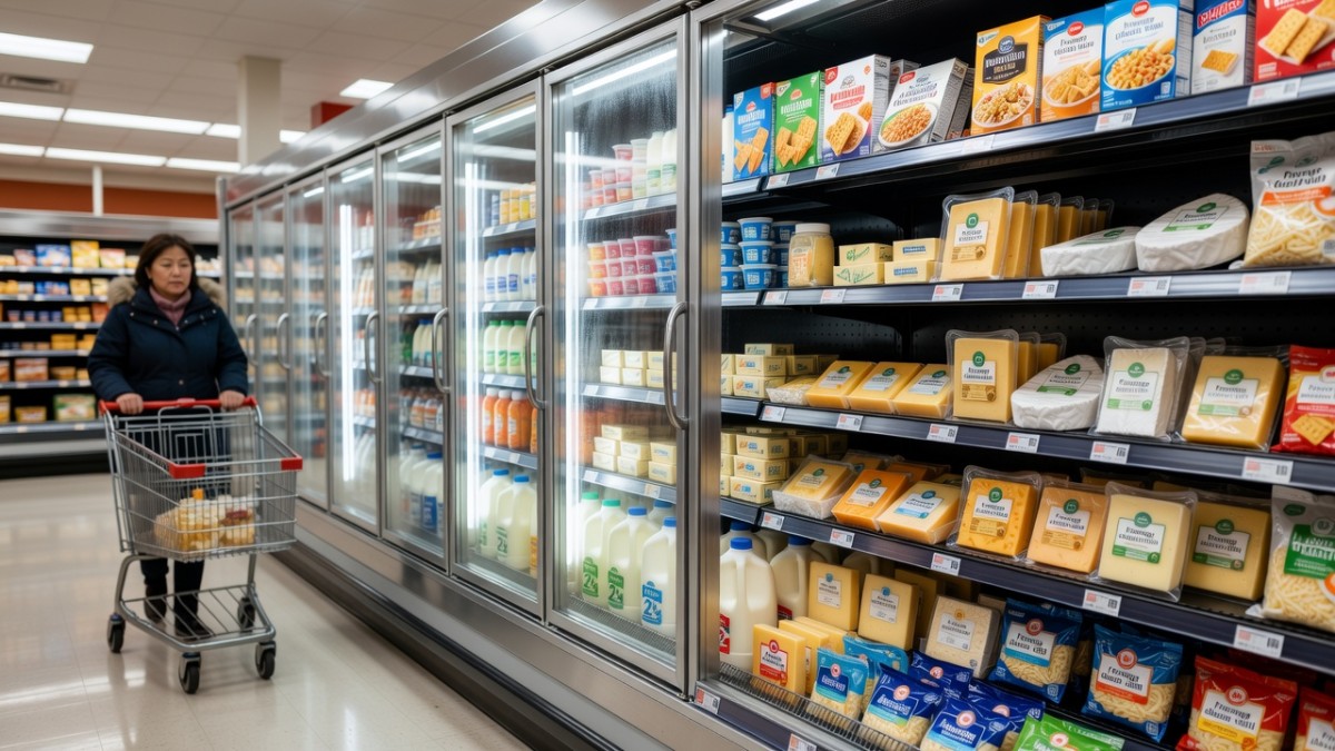 Shoppers in a Canadian grocery dairy aisle as new tariffs apply to U.S. cheese and dairy products