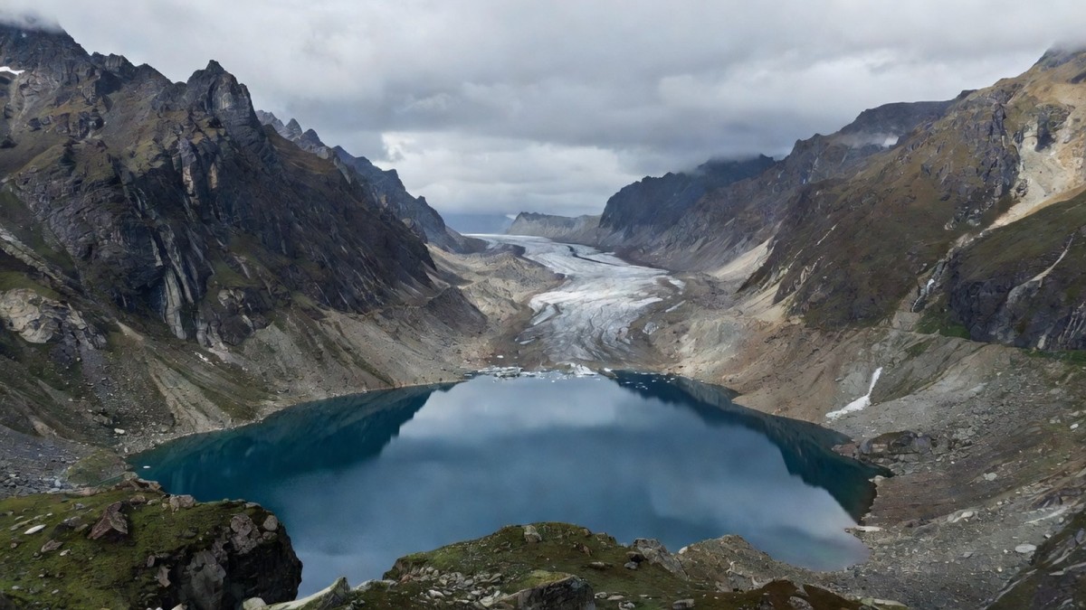 Aerial view of a glacial lake in Arunachal Pradesh's eastern Himalayas