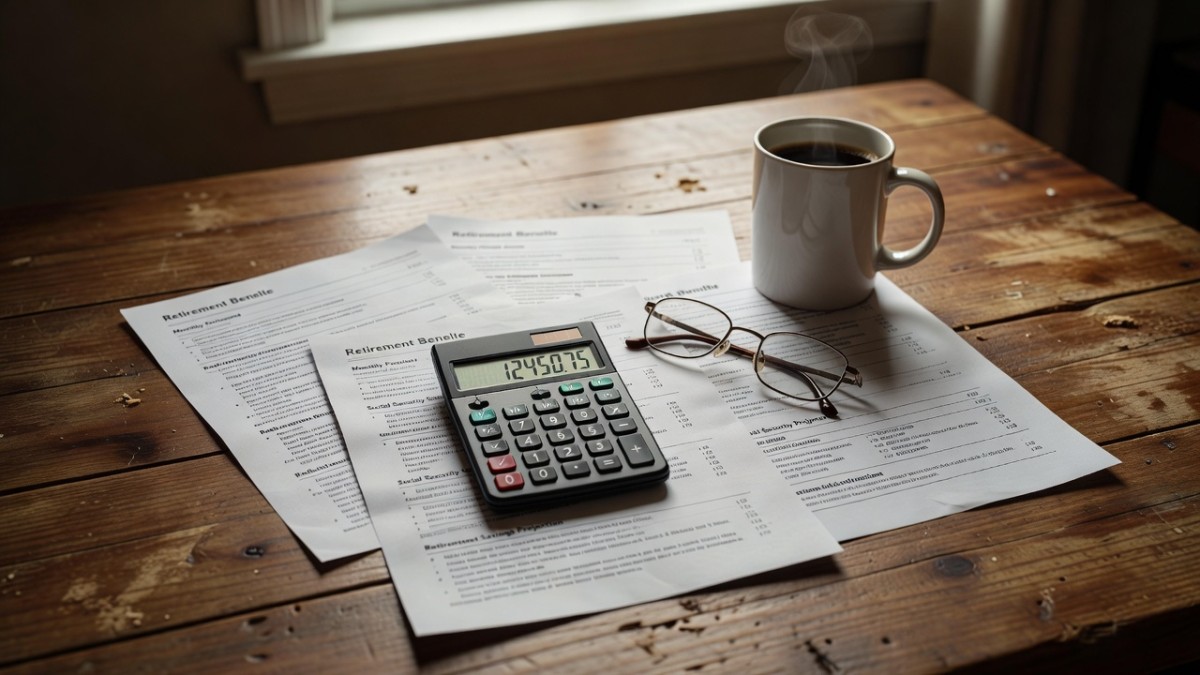 Retirement benefit documents, calculator and reading glasses on a kitchen table
