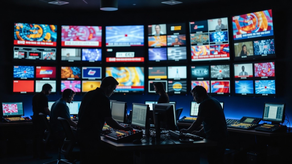 A television broadcast control room monitoring campaign advertising
