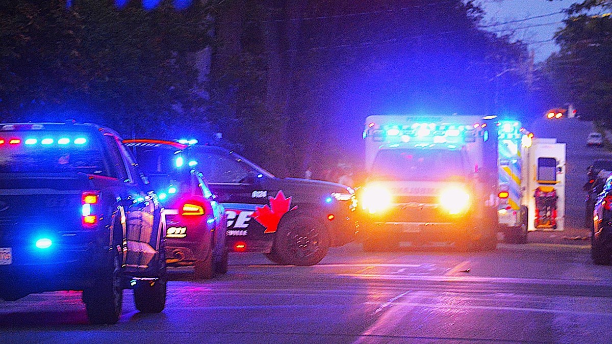 Police and ambulance vehicles on a residential street in Belleville, Ontario, on Sunday, September 20, 2026, after a shooting outside the Sons of Jacob Synagogue. Photo: Derek Baldwin / Belleville Intelligencer