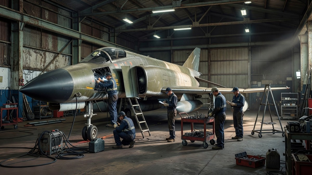 Ground crew with a vintage F-4 Phantom fighter