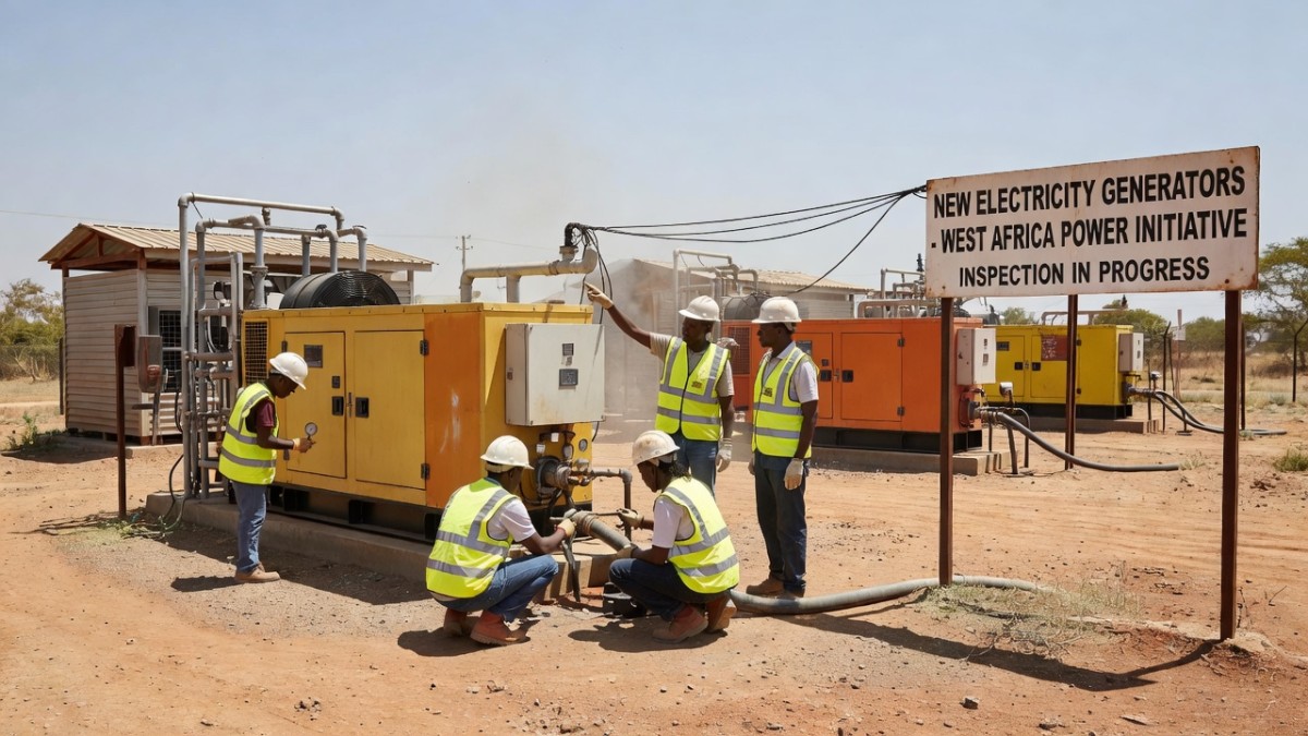 Engineers inspect new electricity generating equipment in The Gambia