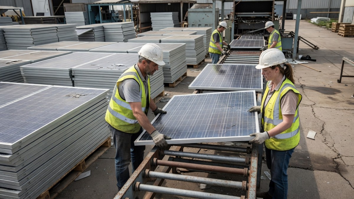 End-of-life solar panels being handled at a recycling yard; Alberta is launching Canada's first provincial solar panel recycling program