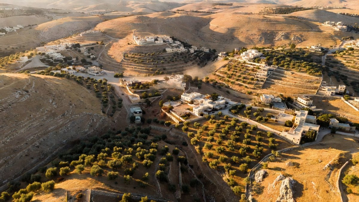 Aerial view of West Bank hills and olive groves at golden hour