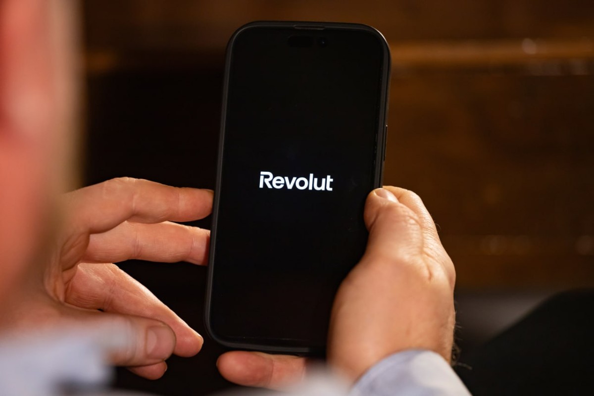 A smartphone displaying the Revolut logo
