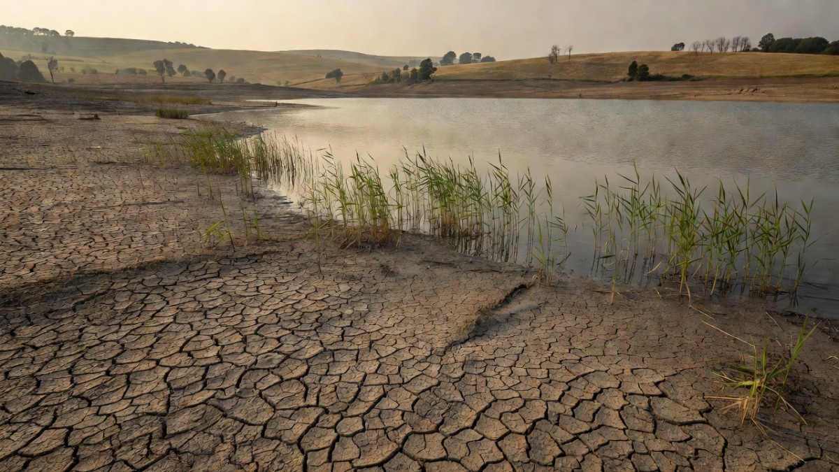 Dry, cracked ground beside a reservoir in southern England after the summer 2026 drought