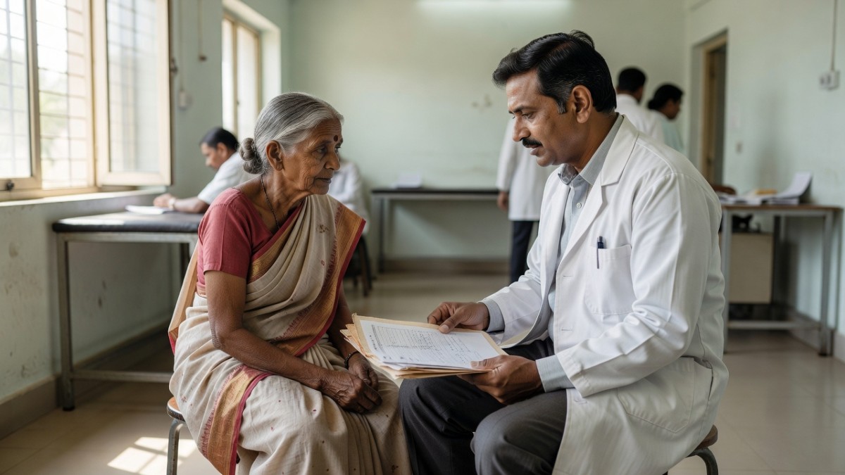 A doctor speaking with an elderly patient at a clinic in India