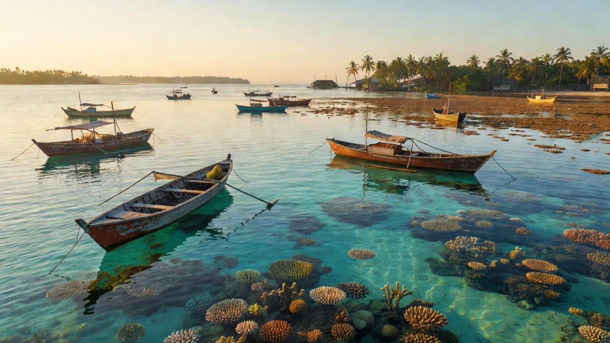 Small fishing boats near a shallow shoal in the West Philippine Sea, where Filipino fisherfolk depend on rich fishing grounds (Global 1 News illustration)