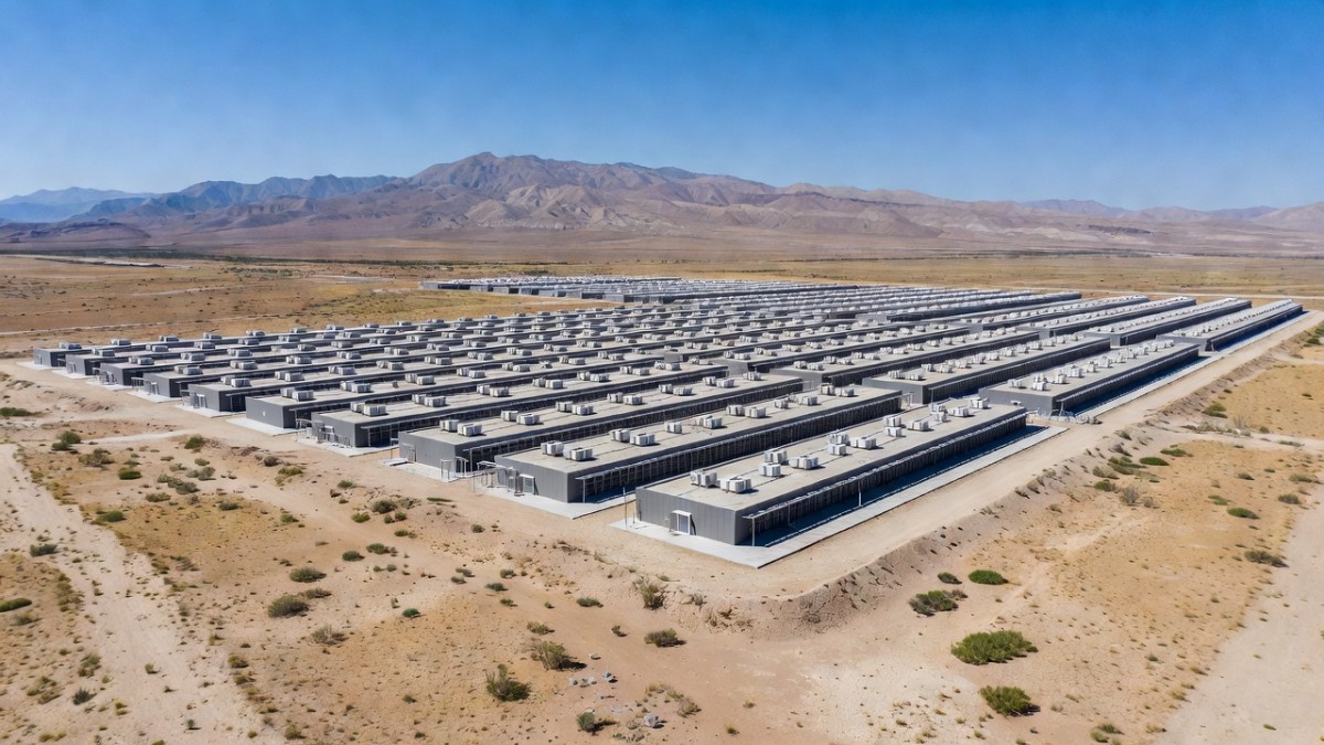 Aerial view of a large data center campus under construction in a semi-arid western China landscape