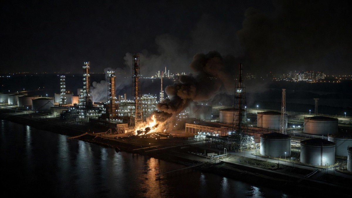 Aerial night view of an oil refinery complex in Russia, illustrating the industrial facilities targeted in Ukraine's long-range drone campaign
