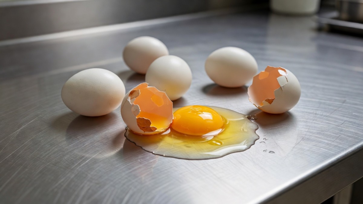 Raw eggs on a stainless steel kitchen surface — early analysis suggests contaminated eggs caused the outbreak