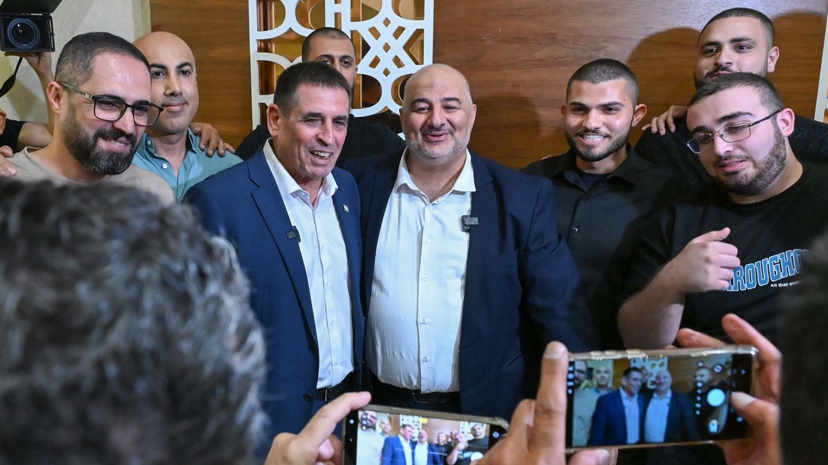Mansour Abbas, leader of the Arab-majority Ra'am party, with new party member Yoav Segalovitz in Nazareth on August 31, 2026. Photo: Michael Giladi/FLASH90 via the Jewish Telegraphic Agency