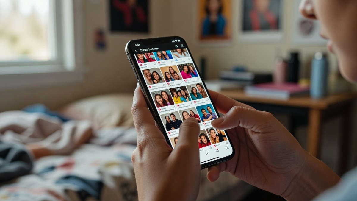 A teenager looking at a smartphone displaying social media content