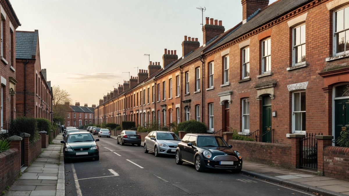 A row of Victorian terraced houses with a For Sale sign outside in a UK city suburb