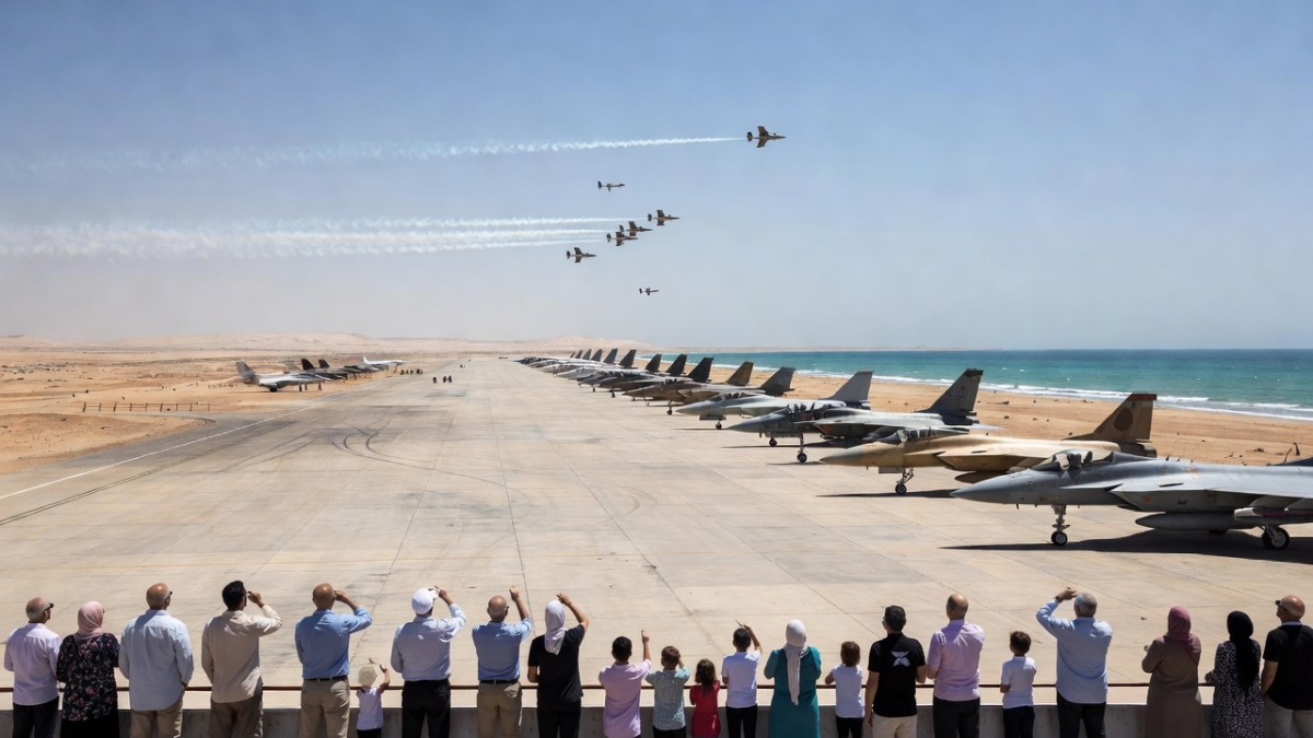 International airshow at a coastal desert airfield in Egypt with parked military aircraft and spectators