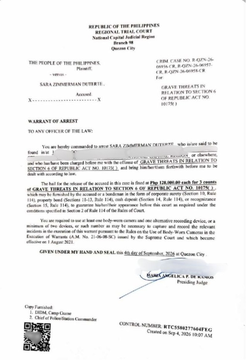 The arrest warrant for Vice President Sara Duterte issued by Branch 98 of the Quezon City Regional Trial Court on September 4, 2026 (Source: GMA News)