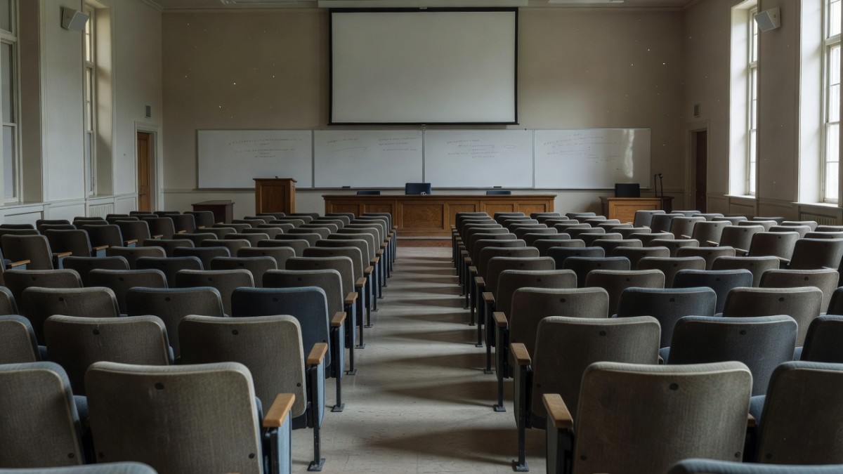A university lecture hall, where disciplinary proceedings against Palestinian students have unfolded since October 2023