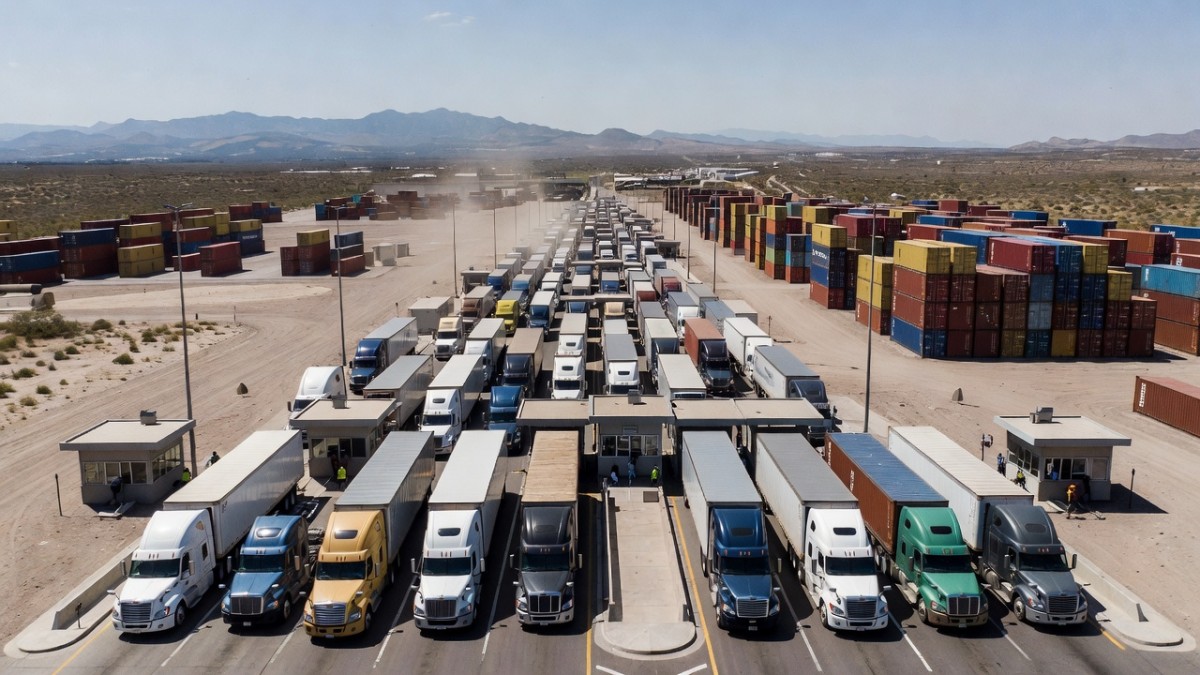 Cargo trucks wait in long lines at a commercial border crossing between Mexico and the United States