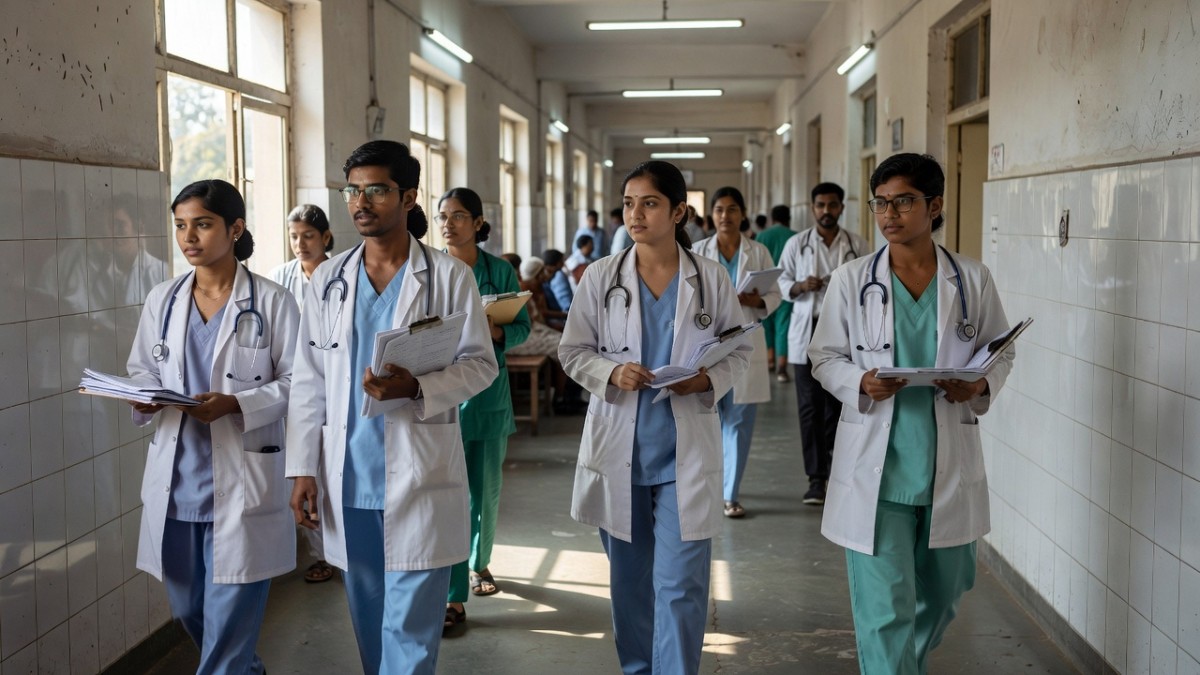 Protesting doctors holding placards demanding stipend revision in Jammu