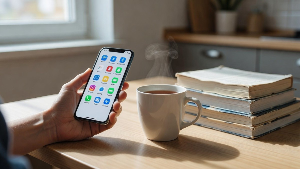 Digital safety: smartphone and school books on a kitchen table