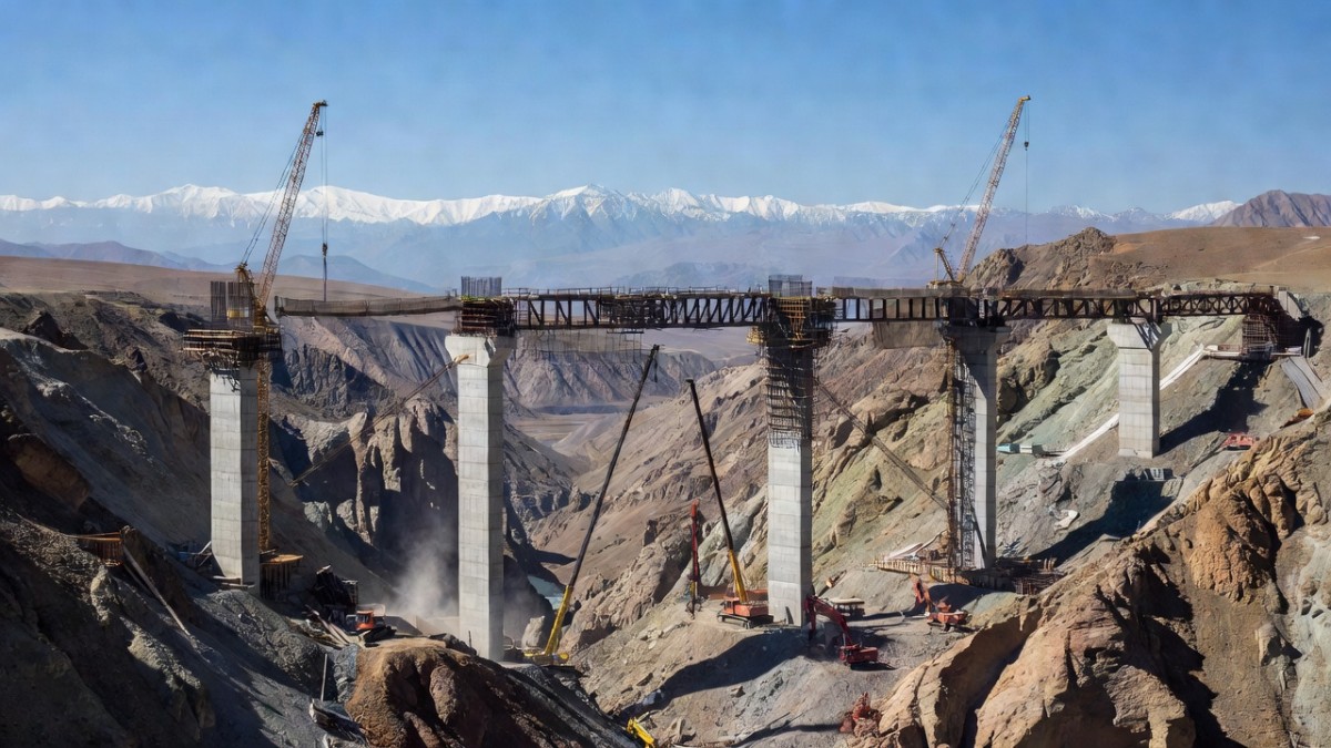 Construction on the Kyrgyz section of the China-Kyrgyzstan-Uzbekistan railway in the Tien Shan mountains