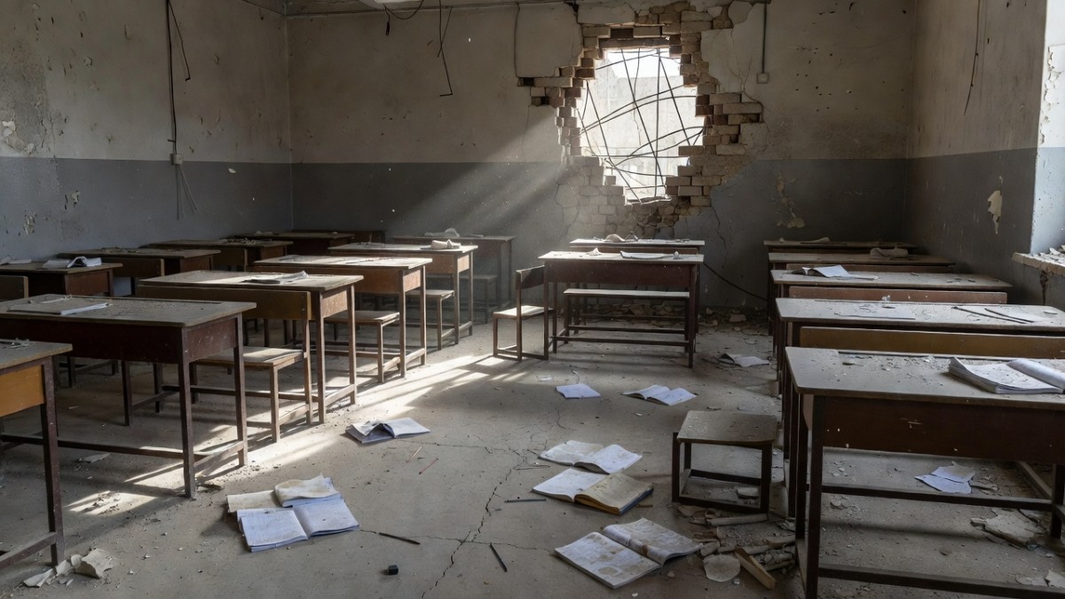 A damaged school classroom in Gaza, where children face a fourth academic year without formal education