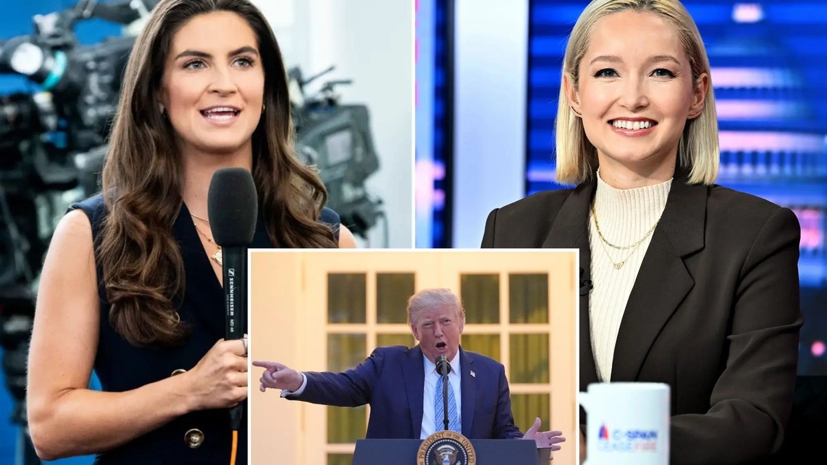 A composite of three photographs: CNN anchor Kaitlan Collins in the White House Briefing Room, Politico host Dasha Burns on the set of C-SPAN's Ceasefire, and President Donald Trump at a podium. Photos: ZUMAPRESS.com, Getty Images and AP Photo/Alex Brandon via the New York Post